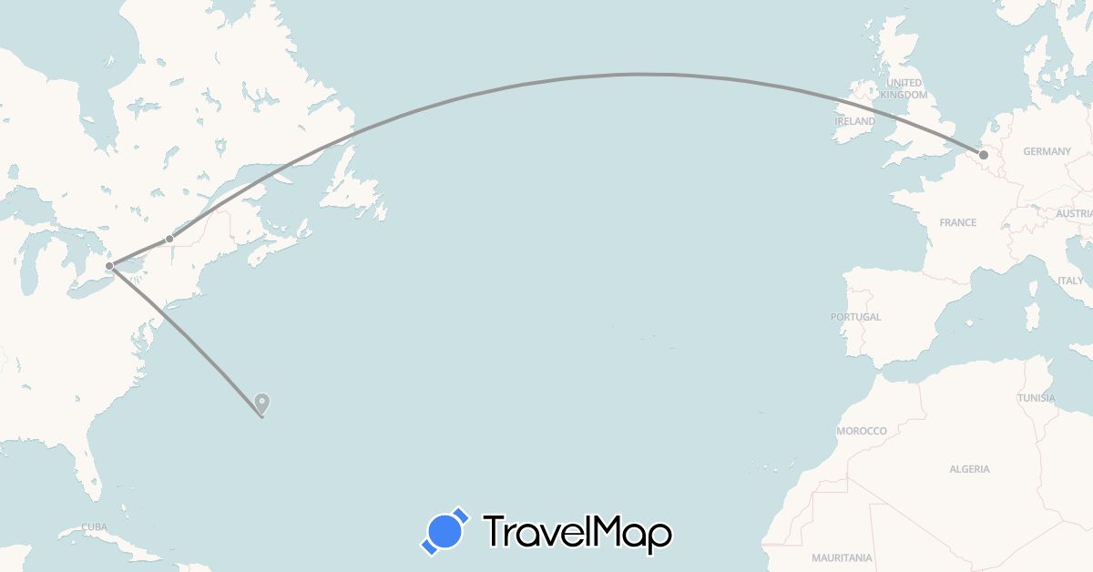 TravelMap itinerary: driving, plane in Belgium, Bermuda, Canada (Europe, North America)